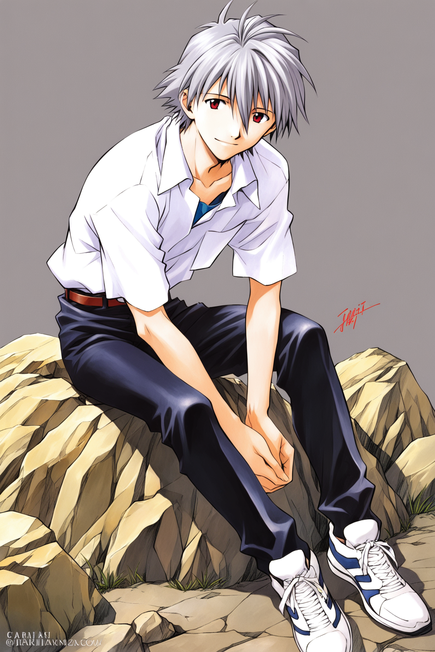 37288-1033767134-1boy,male focus,solo,nagisa kaworu,shirt,sitting,red eyes,rock,pants,white shirt,shoes,collared shirt,black pants,hair between e.png